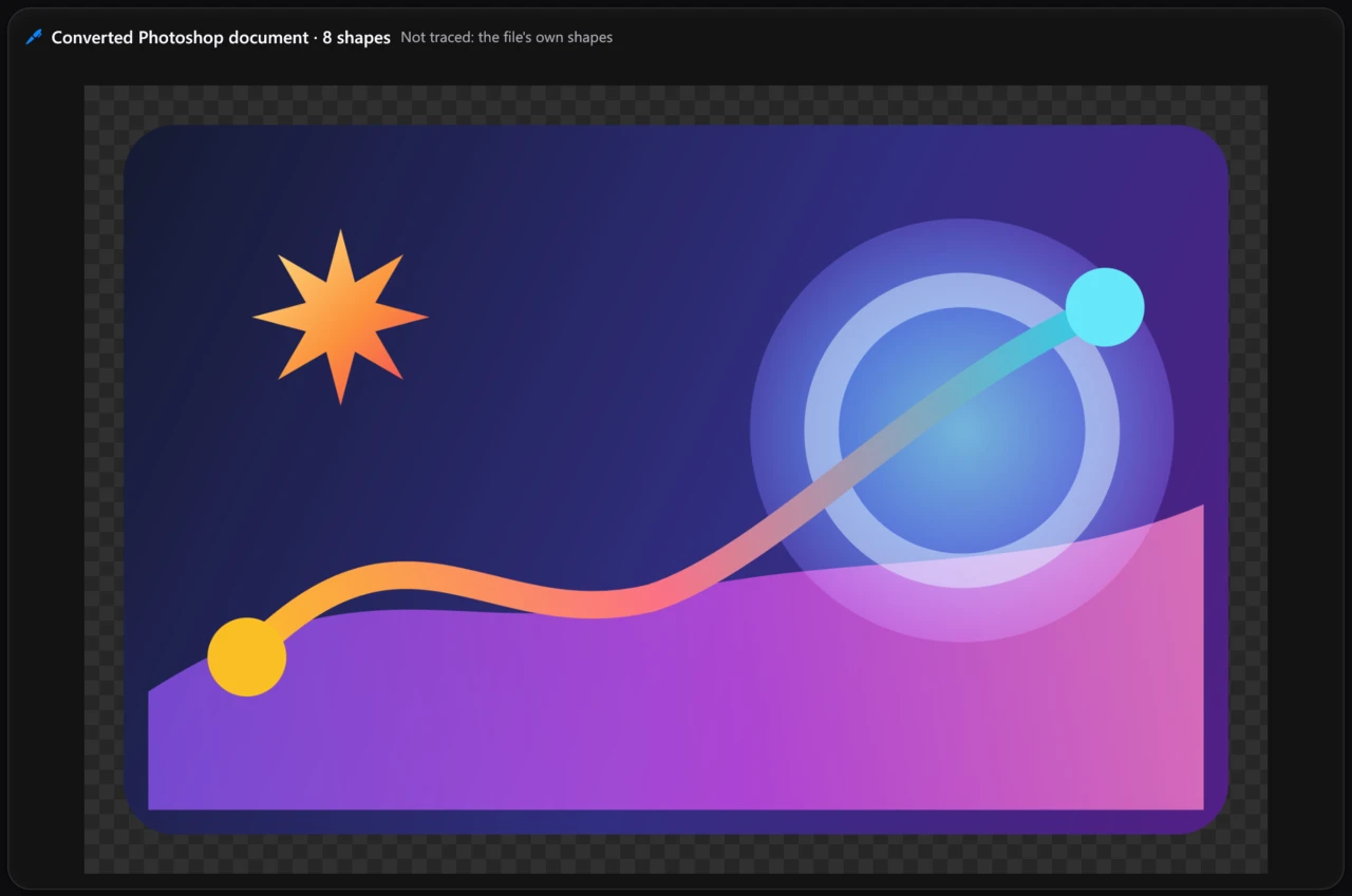 A Photoshop poster converted as it looks: its gradients, glow and layers kept, nothing traced