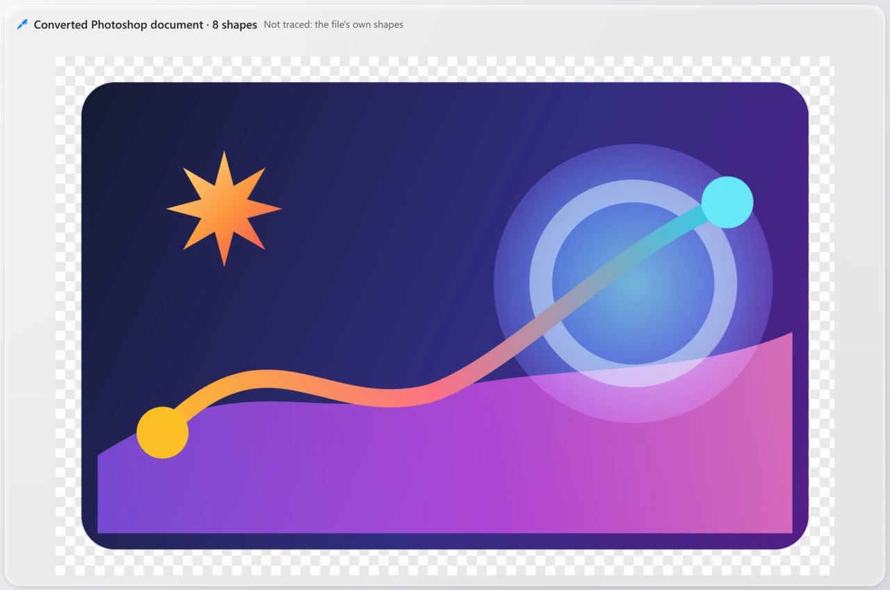 A Photoshop poster converted as it looks: its gradients, glow and layers kept, nothing traced