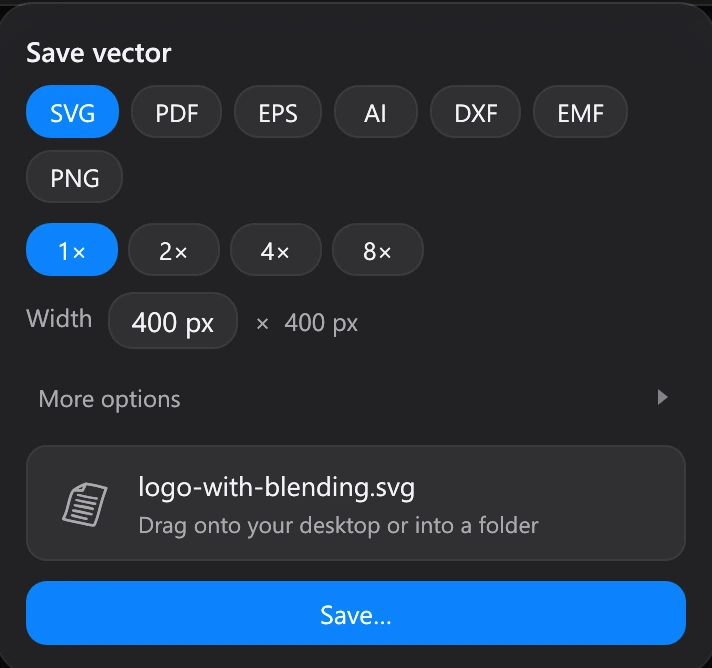 The Save popup: SVG, PDF, EPS, AI, DXF, EMF or PNG, at 1x to 8x or any width
