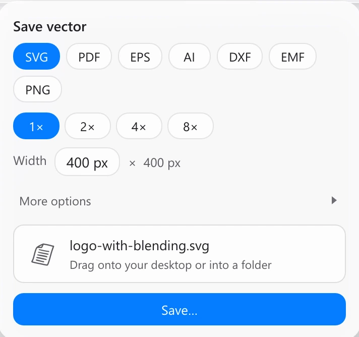 The Save popup: SVG, PDF, EPS, AI, DXF, EMF or PNG, at 1x to 8x or any width