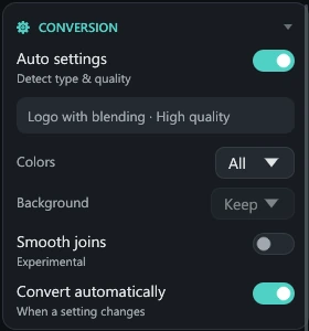 The Conversion card with Auto settings on, reading Logo with blending, High quality